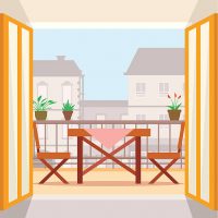 Table and chairs on the balcony. Flat style vector illustration.