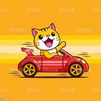 cute cartoon Cat Kitten driving a car fast